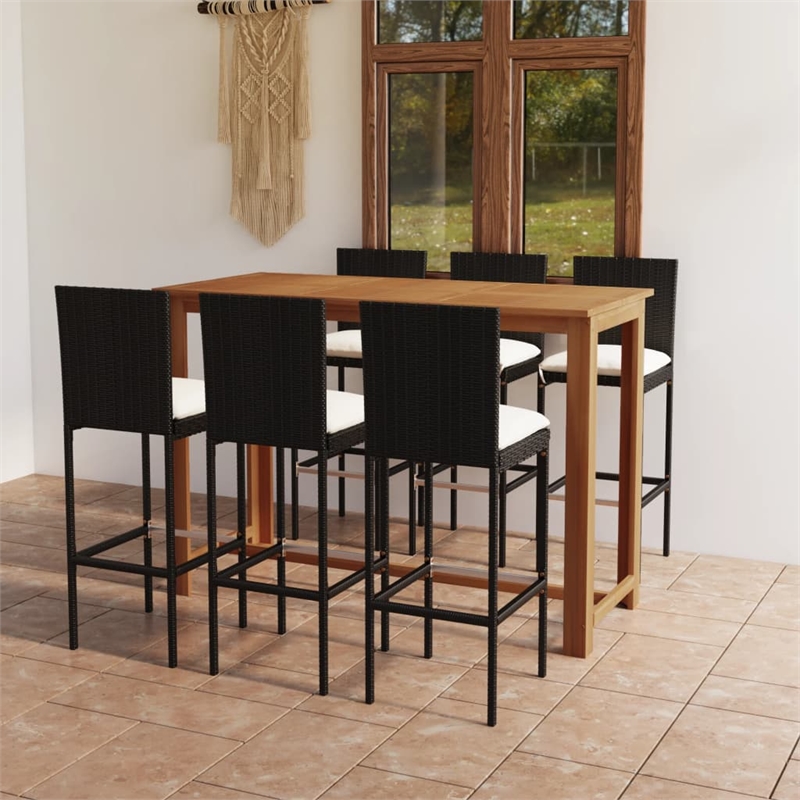 Pemberly Row 7 Piece Solid Acacia Wood Outdoor Patio Bar Set in Black