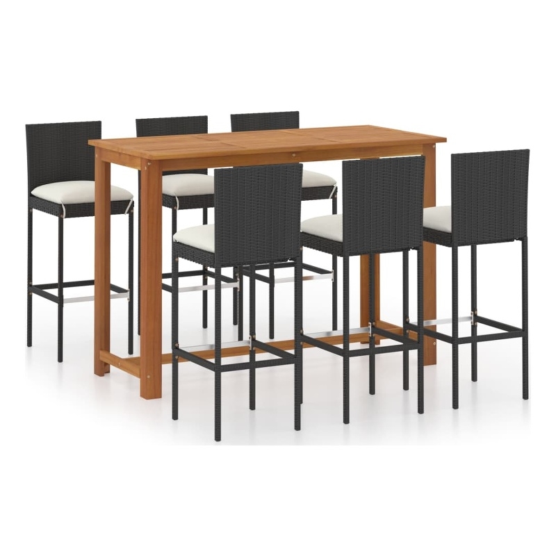 Pemberly Row 7 Piece Solid Acacia Wood Outdoor Patio Bar Set in Black