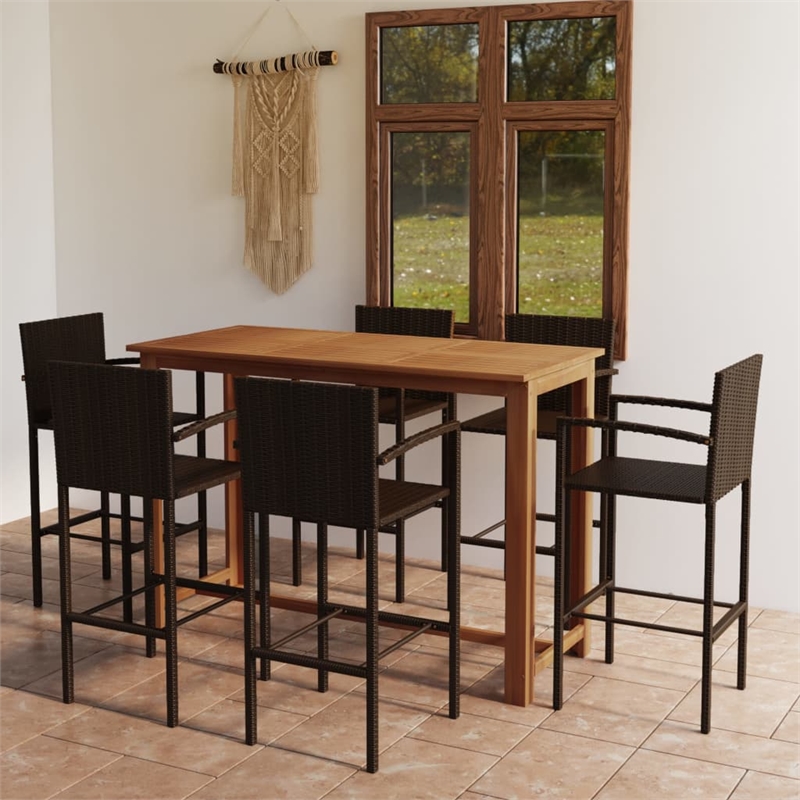Pemberly Row 7 Piece Solid Acacia Wood Outdoor Patio Bar Set in Brown