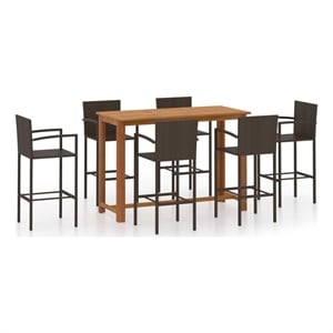 Pemberly Row 7 Piece Solid Acacia Wood Outdoor Patio Bar Set in Brown