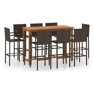 Pemberly Row 9 Piece Solid Acacia Wood Outdoor Patio Bar Set in Brown