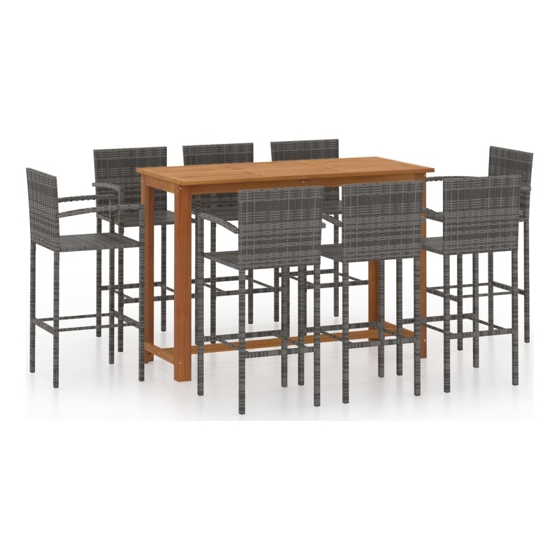 Pemberly Row 9 Piece Solid Acacia Wood Outdoor Patio Bar Set in Gray