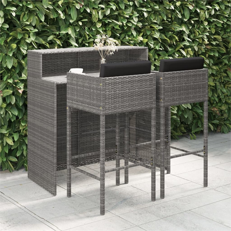 Pemberly Row Poly Rattan Large Outdoor Patio Bar Set in Gray