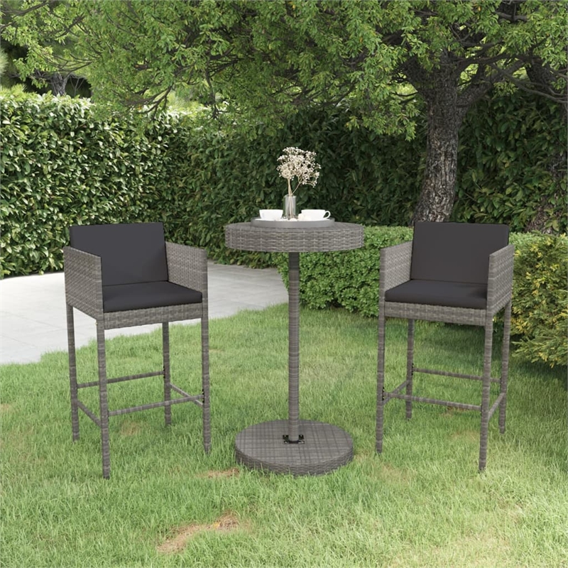 Pemberly Row 3 Piece Steel Outdoor Patio Bar Set with Cushions in Gray