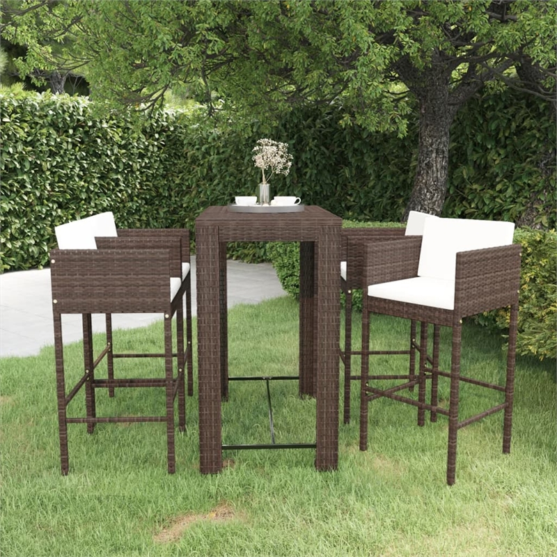 Pemberly Row 5 Piece Poly Rattan Small Outdoor Patio Bar Set in Brown