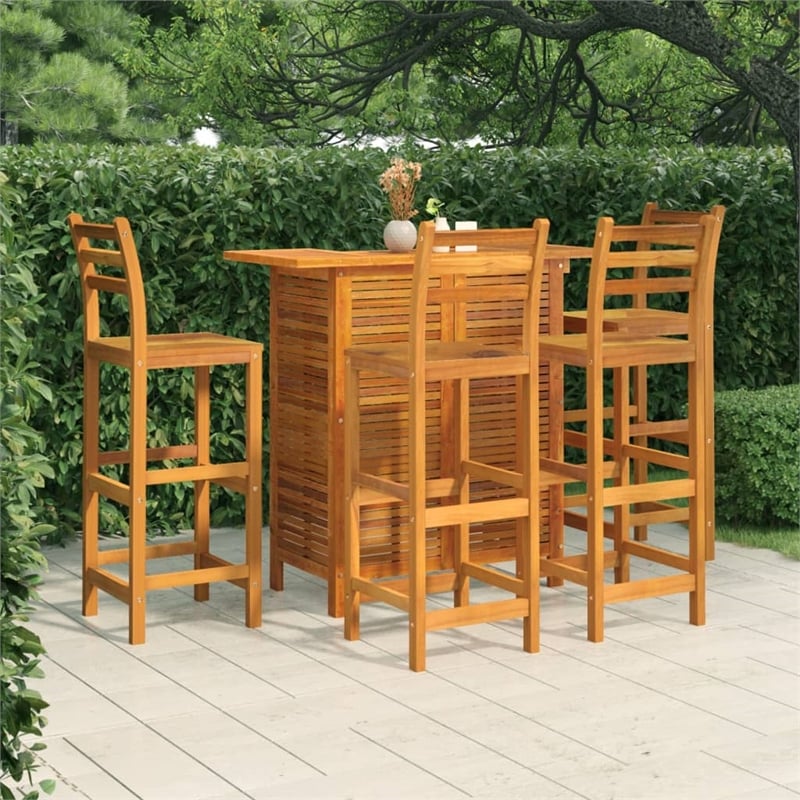 Pemberly Row 5 Piece Solid Acacia Wood Medium Bar Set in Brown
