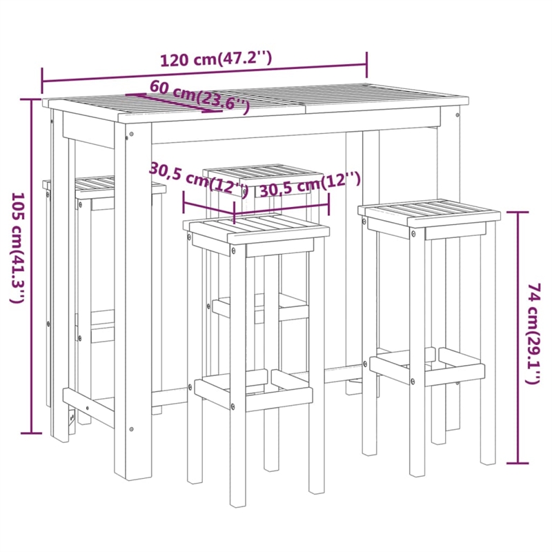 Pemberly Row 5 Piece Solid Acacia Wood Outdoor Patio Bar Set in Natural