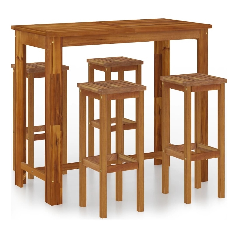 Pemberly Row 5 Piece Solid Acacia Wood Outdoor Patio Bar Set in Natural