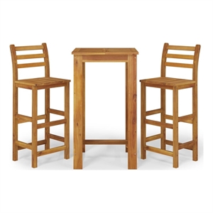 Pemberly Row Solid Acacia Wood Small Outdoor Patio Bar Set in Natural