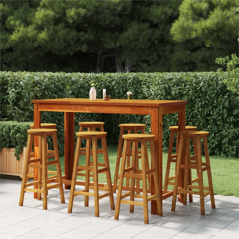 Pemberly Row Solid Acacia Wood Large Outdoor Patio Bar Set with Cushions