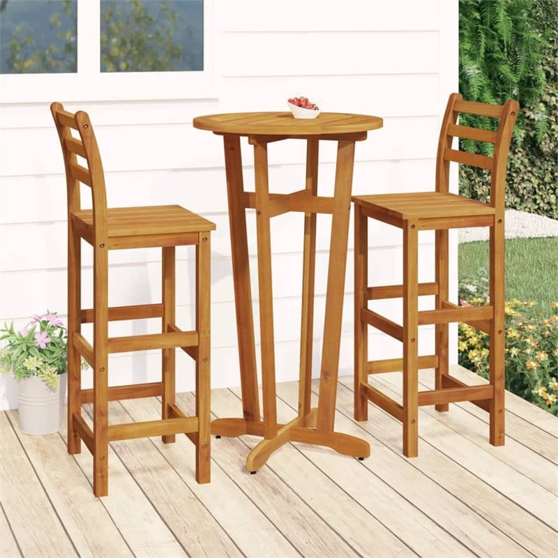 Pemberly Row 3 Piece Solid Acacia Wood Outdoor Patio Bar Set in Brown