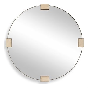 Pemberly Row Travertine Round Iron Band Frame Mirror in Golden Bronze