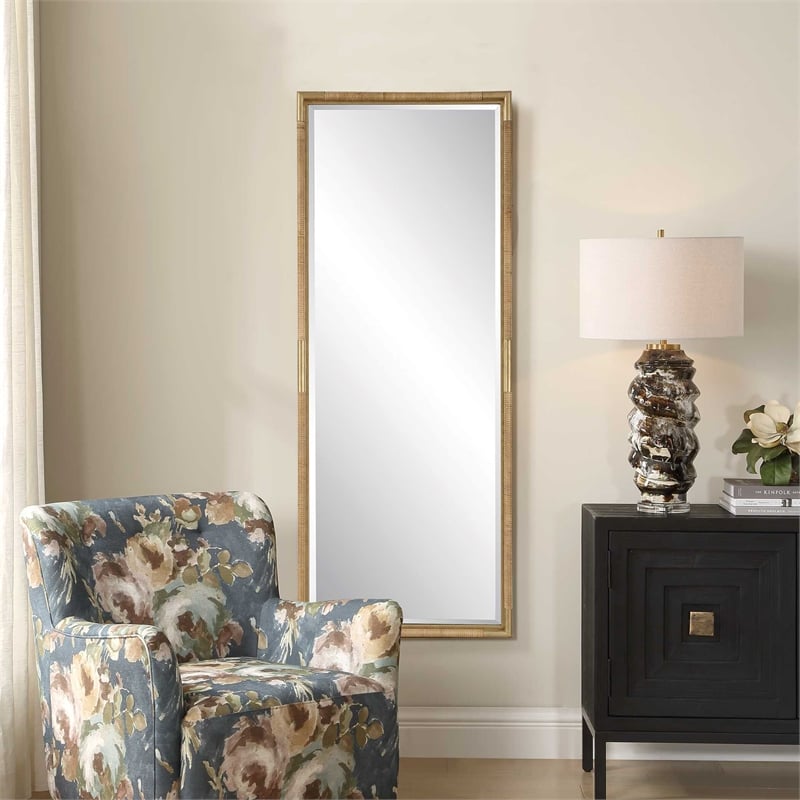 Pemberly Row Full Length Rattan Wrapped Iron Frame Tall Mirror in Gold