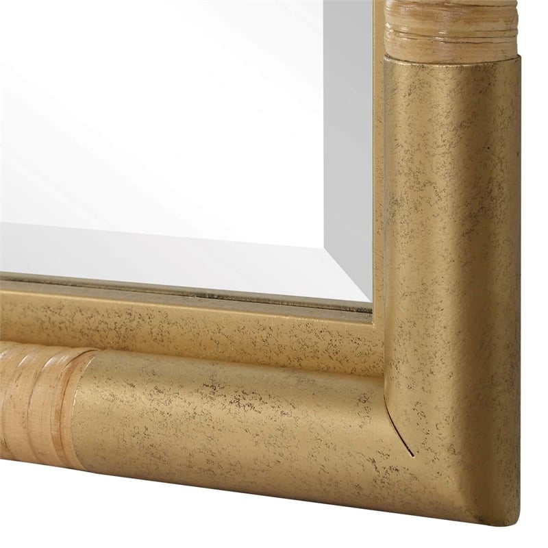 Pemberly Row Full Length Rattan Wrapped Iron Frame Tall Mirror in Gold