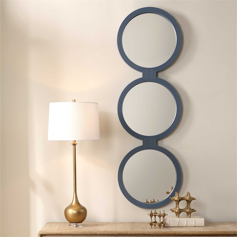 Pemberly Row 3-Piece Interconnected Round Ribbed Mirror Set in Blue Gray