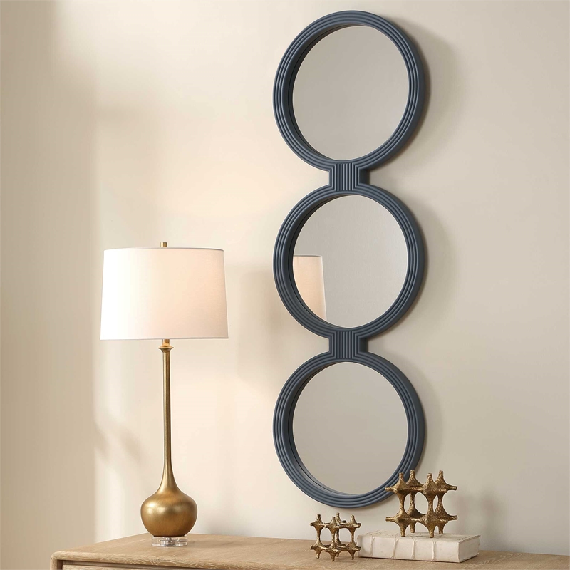 Pemberly Row 3-Piece Interconnected Round Ribbed Mirror Set in Blue Gray