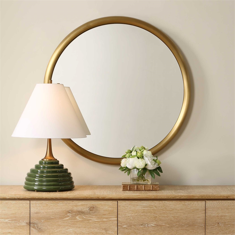 Pemberly Row Modern Stainless Steel Round Mirror in Plated Antique Brass