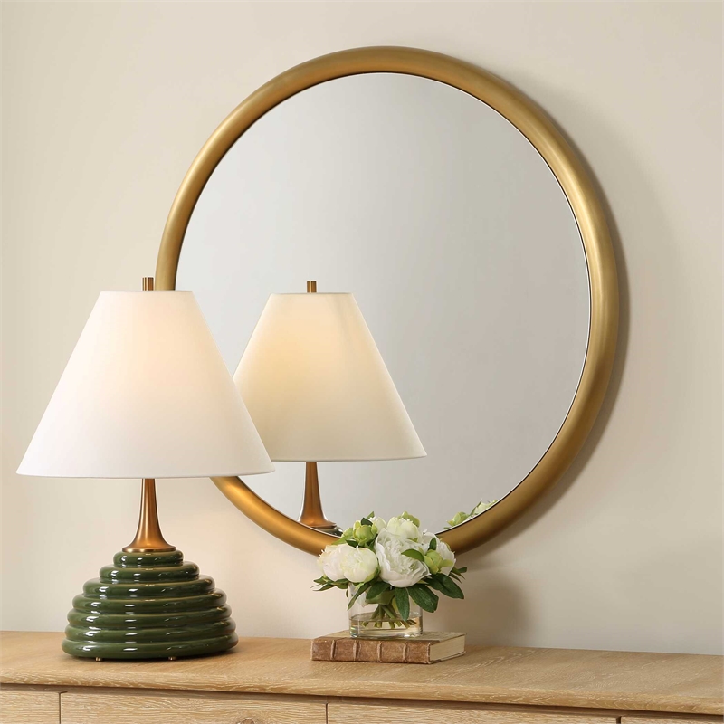 Pemberly Row Modern Stainless Steel Round Mirror in Plated Antique Brass
