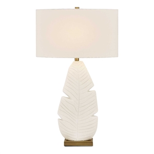 Pemberly Row Ceramic Leaf Motif Table Lamp with Linen Shade in White