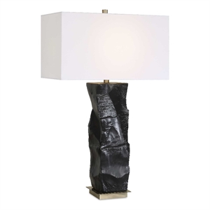 Pemberly Row Textured Ceramic Table Lamp with White Linen Shade in Black
