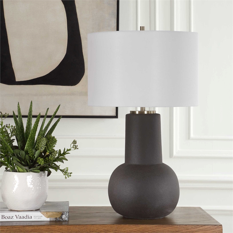Pemberly Row Rustic Bronze Ceramic Table Lamp with Linen Shade in Black