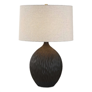 Pemberly Row Chiseled Ceramic Satin Table Lamp with Gray Linen Shade in Black