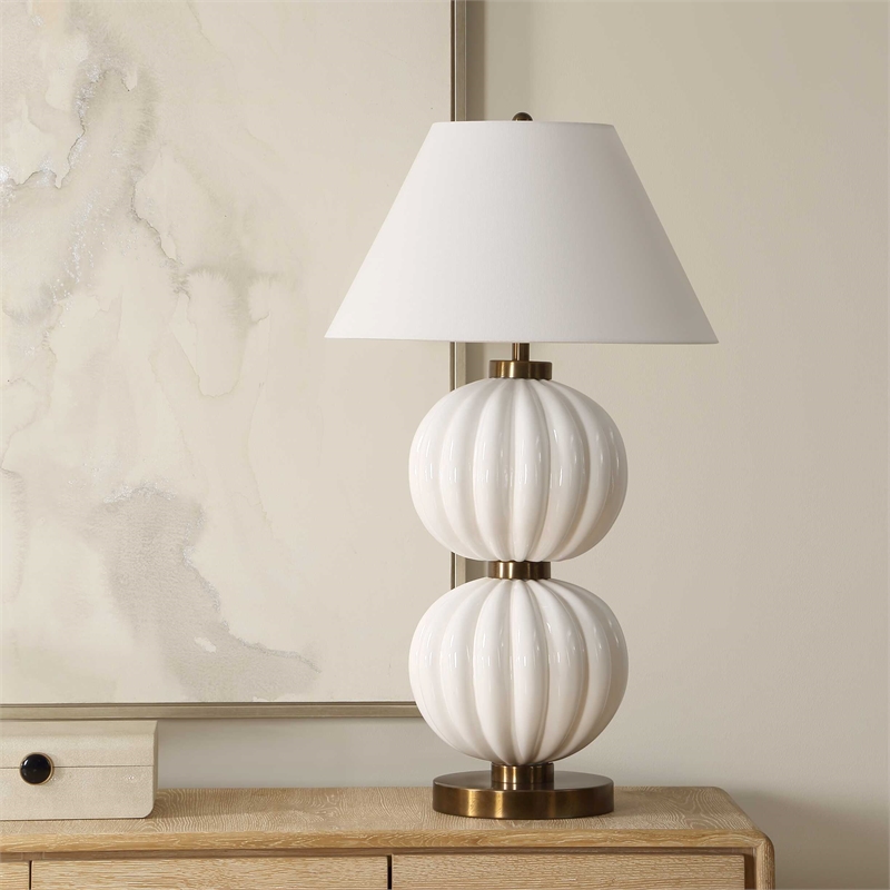 Pemberly Row Ribbed Ceramic Sphere Table Lamp with Linen Shade in White