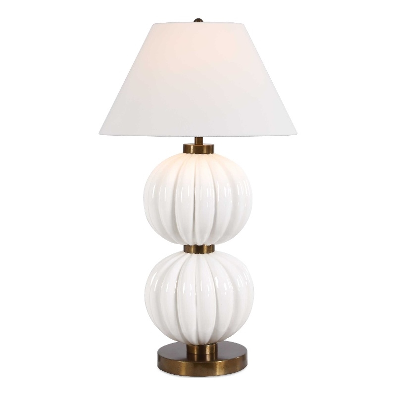 Pemberly Row Ribbed Ceramic Sphere Table Lamp with Linen Shade in White