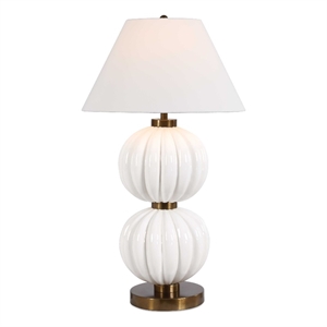 Pemberly Row Ribbed Ceramic Sphere Table Lamp with Linen Shade in White
