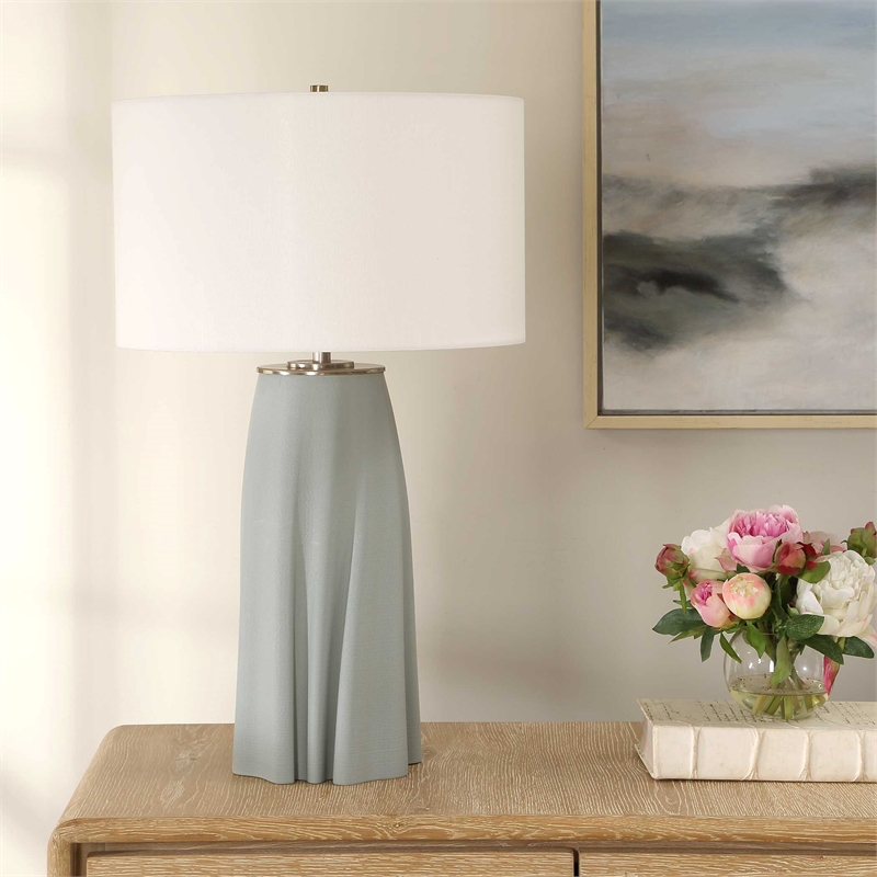 Pemberly Row Gracefully Sculpted Ceramic Table Lamp with Linen Shade in Blue