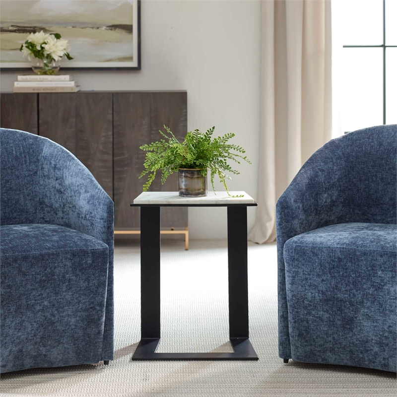 Pemberly Row Honed White Marble Accent Table with Iron Frame in Black