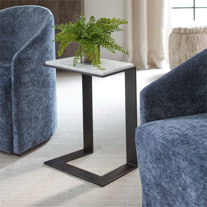 Pemberly Row Honed White Marble Accent Table with Iron Frame in Black