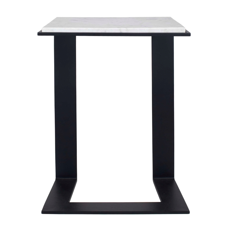 Pemberly Row Honed White Marble Accent Table with Iron Frame in Black