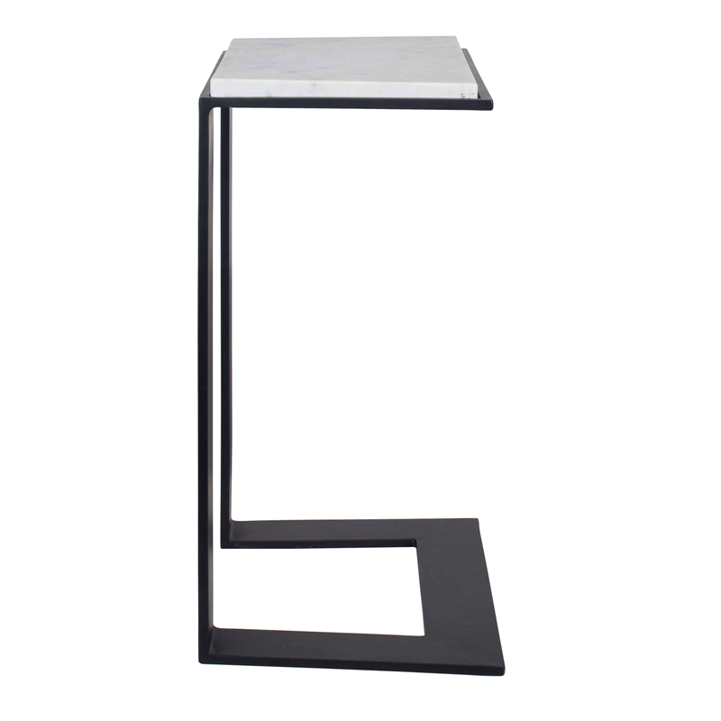 Pemberly Row Honed White Marble Accent Table with Iron Frame in Black