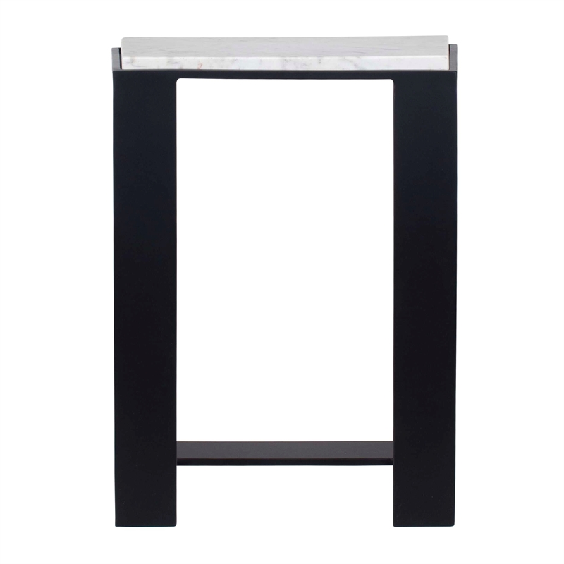Pemberly Row Honed White Marble Accent Table with Iron Frame in Black