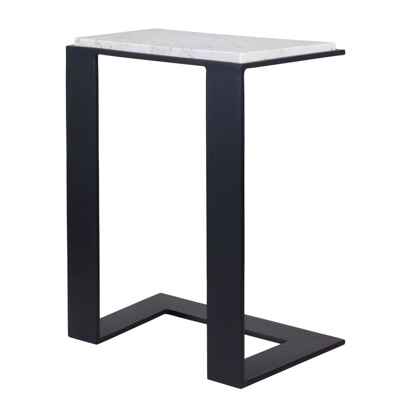 Pemberly Row Honed White Marble Accent Table with Iron Frame in Black