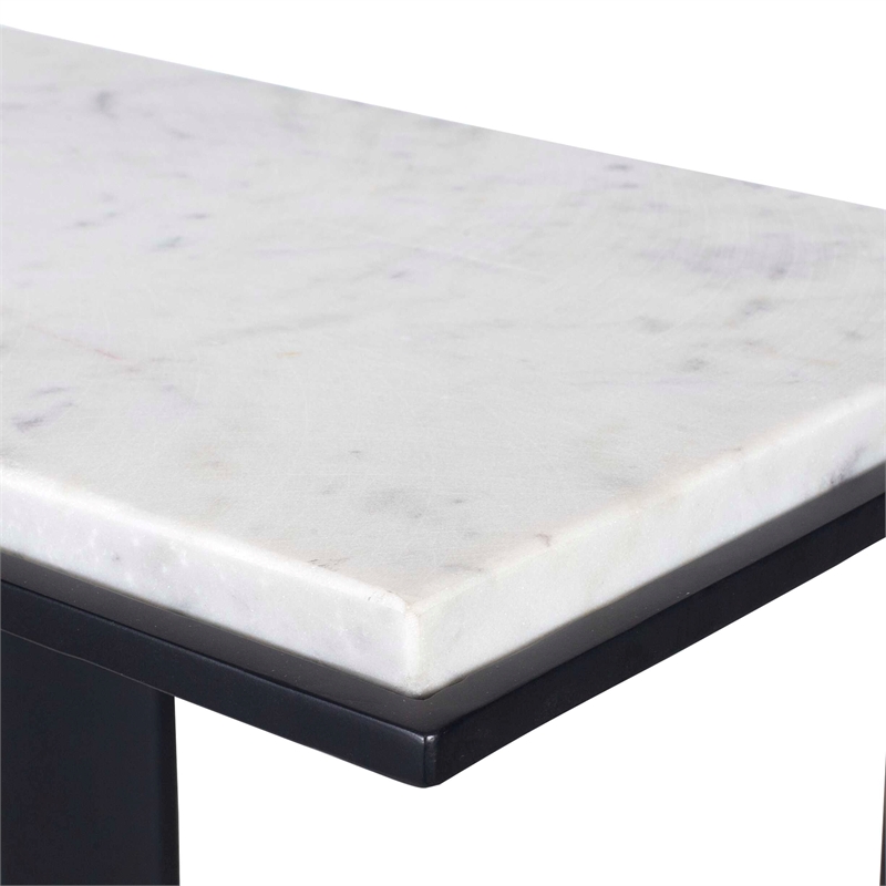 Pemberly Row Honed White Marble Accent Table with Iron Frame in Black