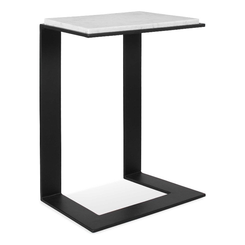 Pemberly Row Honed White Marble Accent Table with Iron Frame in Black
