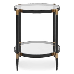Pemberly Row Round Tempered Glass Side Table with Gold Accents in Black