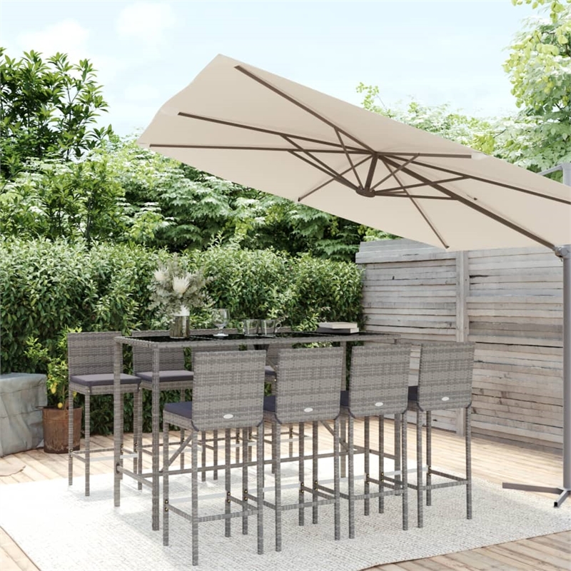 Pemberly Row 9 Piece Steel Outdoor Patio Bar Set with Cushions in Gray