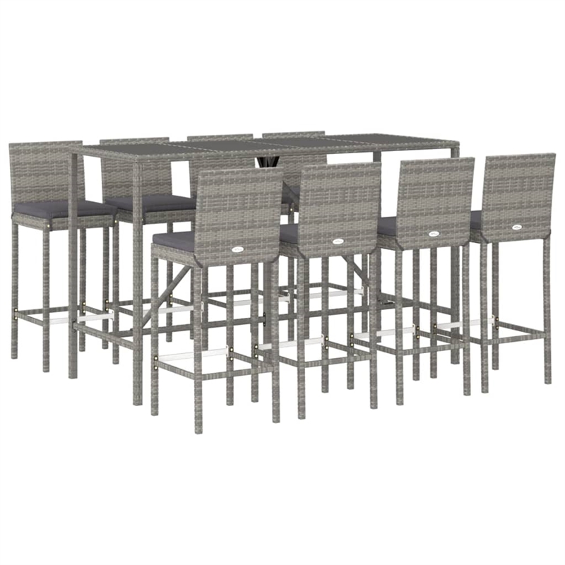 Pemberly Row 9 Piece Steel Outdoor Patio Bar Set with Cushions in Gray