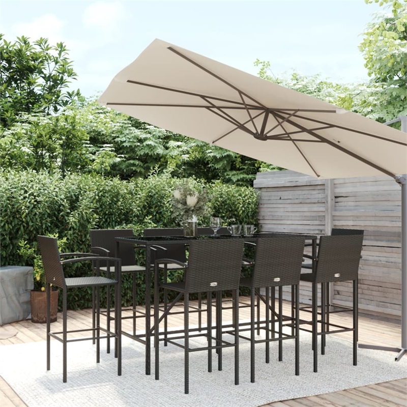 Pemberly Row 9 Piece Poly Rattan Outdoor Patio Bar Set in Black