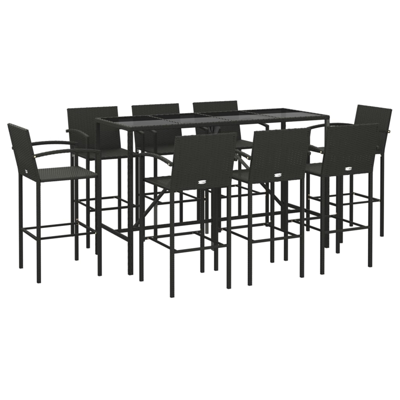 Pemberly Row 9 Piece Poly Rattan Outdoor Patio Bar Set in Black
