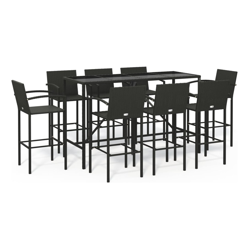 Pemberly Row 9 Piece Poly Rattan Outdoor Patio Bar Set in Black