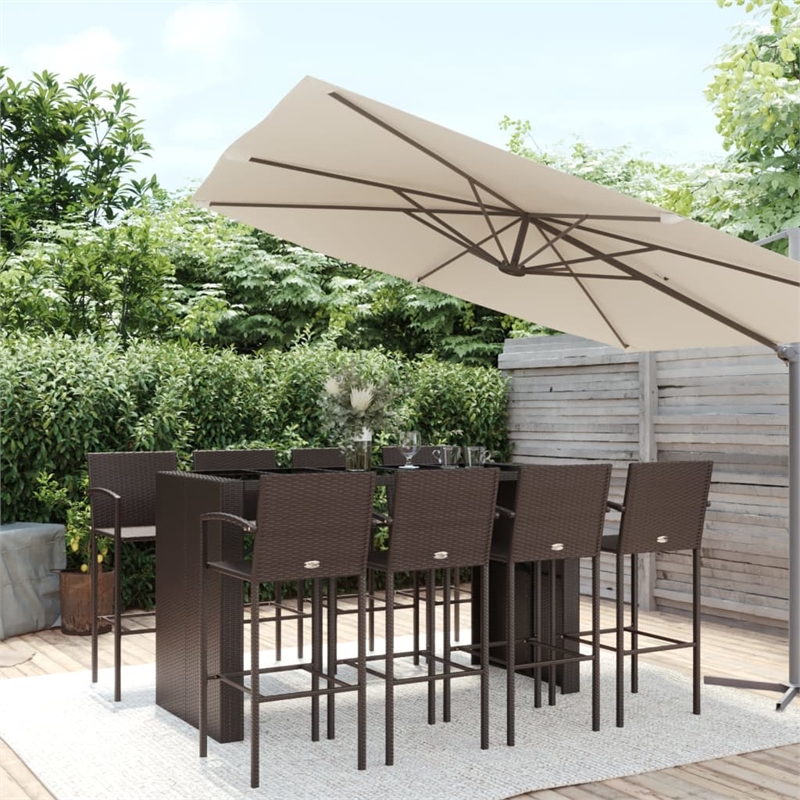 Pemberly Row 9 Piece Steel Outdoor Patio Bar Set with Cushions in Brown