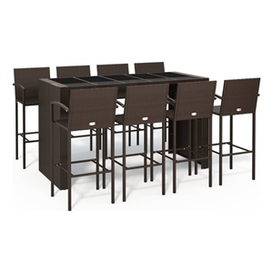 Pemberly Row 9 Piece Steel Outdoor Patio Bar Set with Cushions in Brown