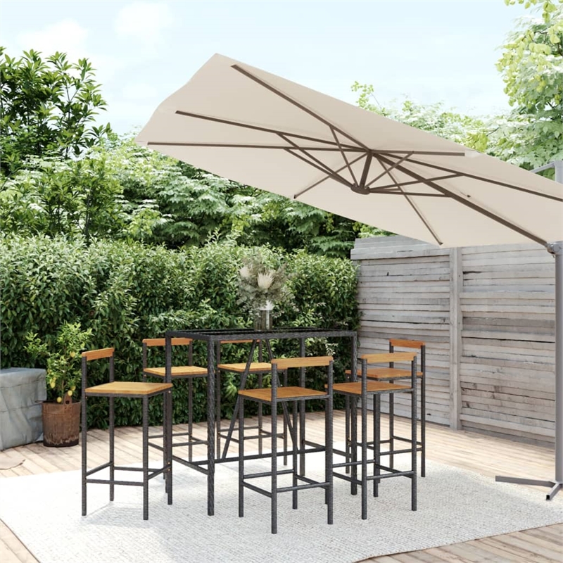 Pemberly Row 7 Piece Outdoor Patio Bar Set with Cushions in Black