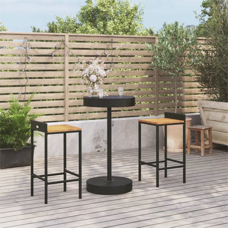 Pemberly Row Solid Acacia Wood Outdoor Patio Bar Set with Cushions in Black