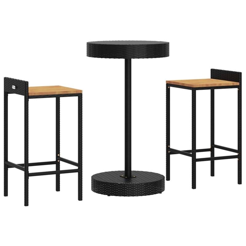 Pemberly Row Solid Acacia Wood Outdoor Patio Bar Set with Cushions in Black