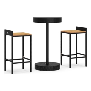 Pemberly Row Solid Acacia Wood Outdoor Patio Bar Set with Cushions in Black